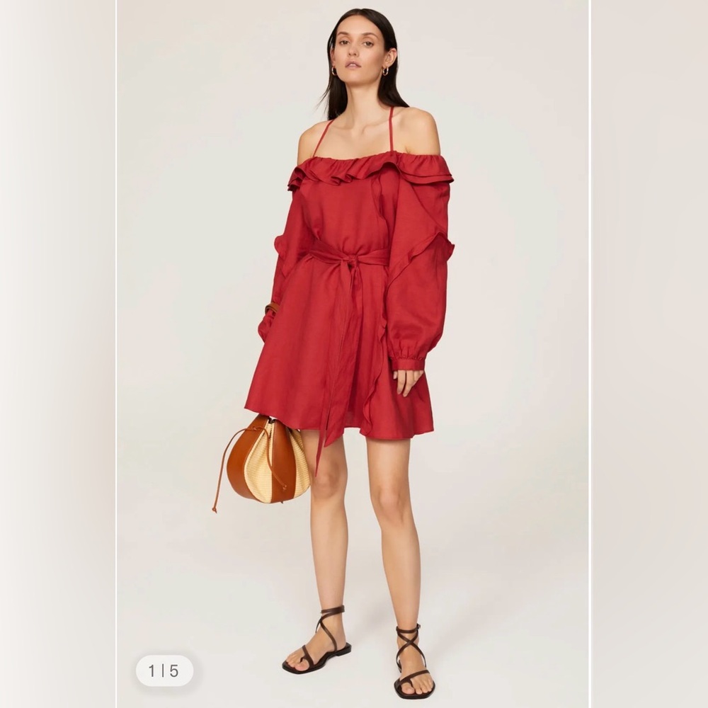 NWOT: Marissa Webb Crimson Off-Shoulder Ruffle Tie-Waist Mini Dress